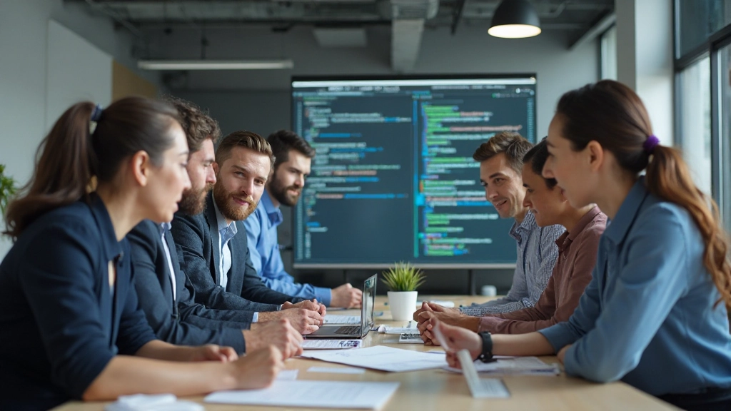 Профессиональное фото команды разработчиков, обсуждающих контейнеризацию проекта