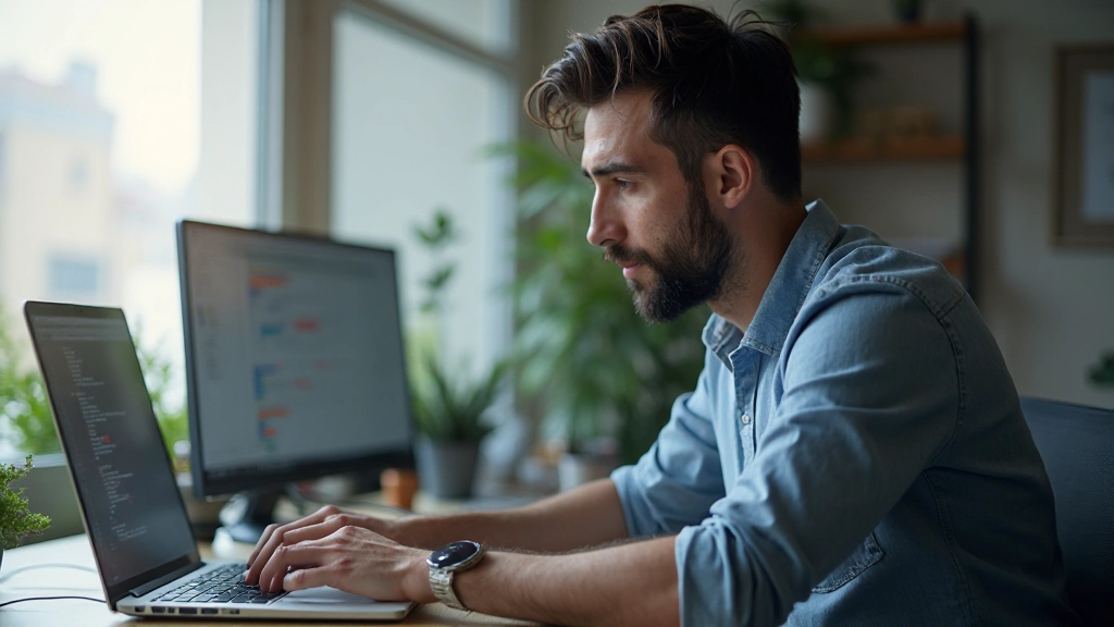 Разработчик программирует на компьютере в современном офисе