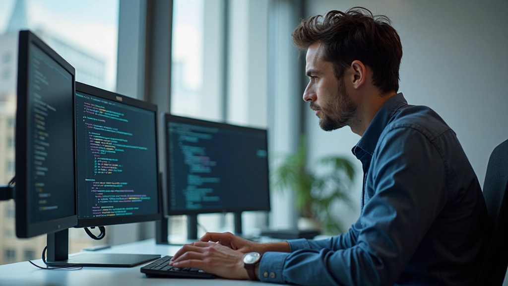 Профессиональный разработчик работает с кодом и API на ноутбуке